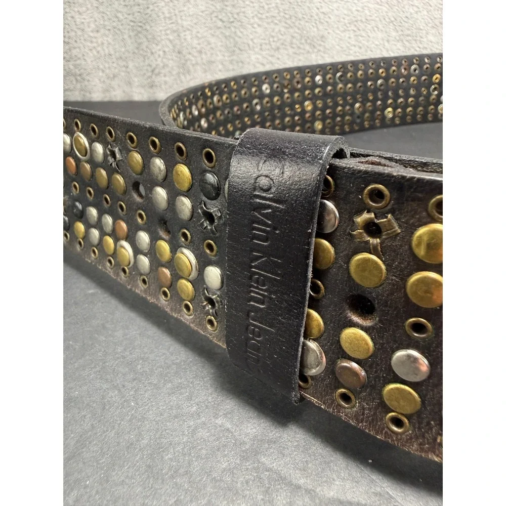 Calvin Klein Jeans Studded Belt Womens M Brown Leather Mixed Metal Wide Boho